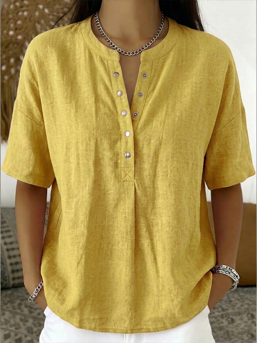 New Arrivalsđ„ Womenâs Casual Henley Collar Linen And Cotton Short-sleeve Shirt