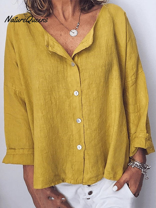 Women's Solid Color Retro Cotton And Linen Casual Shirt