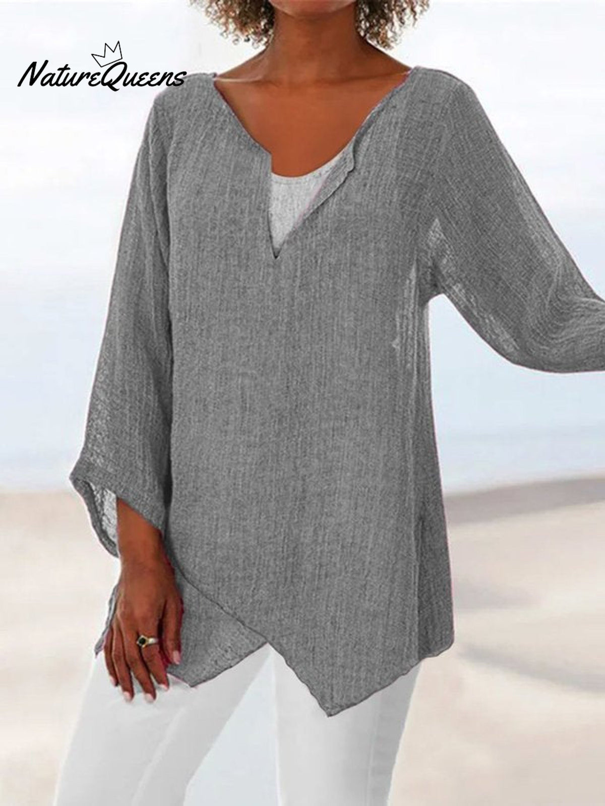 JFN Cotton & Linen Asymmetric Hem Loose Fit Long Sleeve Shirts Tunic Top