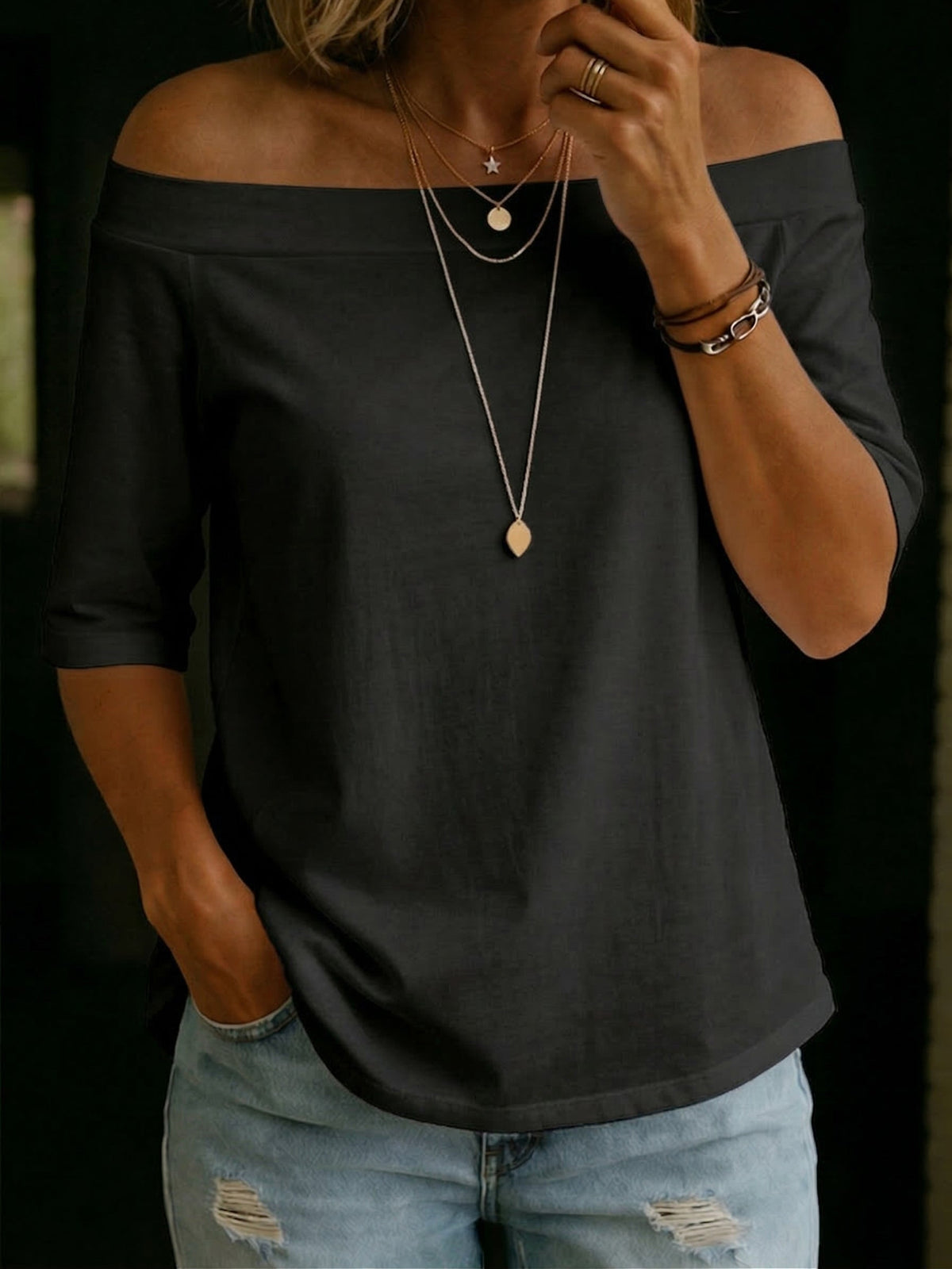 Cozy Elegant Off-shoulder 100% Cotton T-shirt
