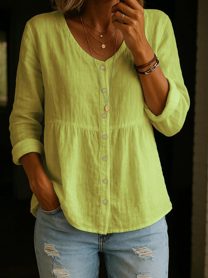 Women's Linen Cotton Blend Shirt - 3/4 Sleeve Crew Neck Loose Hip-Length Casual Blouse